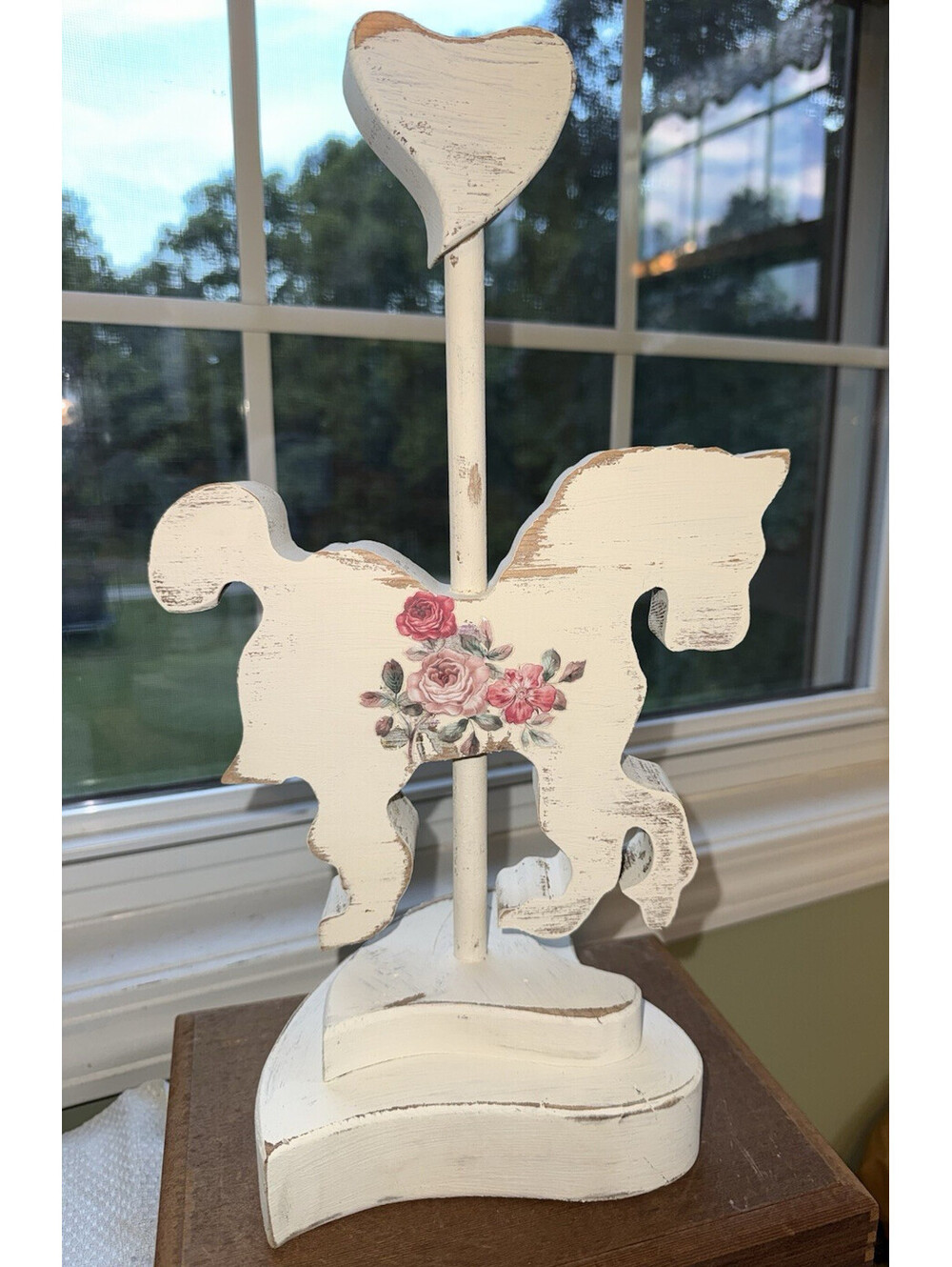 Vintage 80s Wooden Floral Carousel Horse, country cottagecore decor